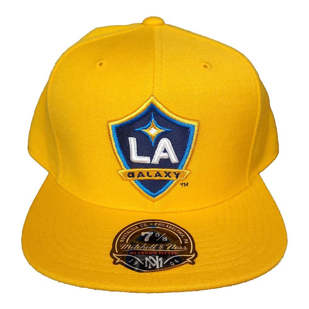 LA Galaxy Mitchell & Ness MLS Fitted 7 5/8 Flatbill Cap 3D Logo Yellow Hat NWT